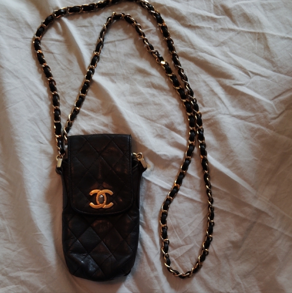 Chanel Black Quilted Phone Pouch with Gold Chain